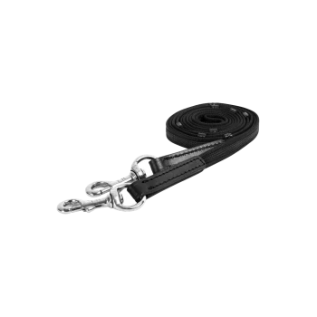 Schwarze Hundeleine mit zwei silbernen Clips, ordentlich aufgerollt, die strapazierfähigen Stoff und Lederakzente zeigt.
