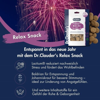 Dr. Clauder's Relax Snack Verpackung mit beruhigenden Haustierleckereien, Feuerwerks-Hintergrund und Text zu stressreduzierenden Zutaten wie Lactium® und Baldrian.