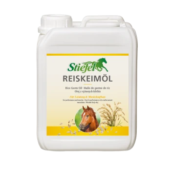 Behälter mit Stiefel Reiskeimöl für Pferde, mit einem Pferdebild, Text auf Deutsch und Ansprüchen auf natürliche Vitamine A, E und D.
