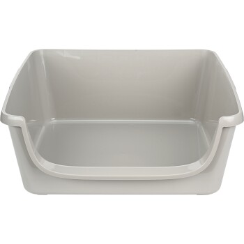 Graue Kunststoff-Katzenstreu-Box mit abgerundeten Kanten, leer und sauber, geeignet für Katzen oder kleine Tiere.