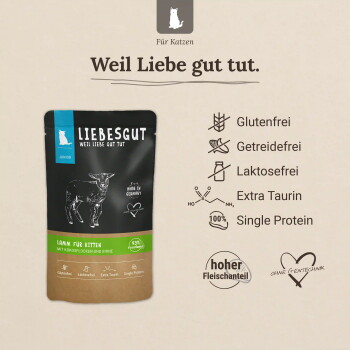 Liebesgut Junior Lamm-Kittenfutter-Tüte mit Aufschrift „Weil Liebe gut tut.“ Symbole: Glutenfrei, Getreidefrei, Laktosefrei, Extra-Taurin, Single-Protein