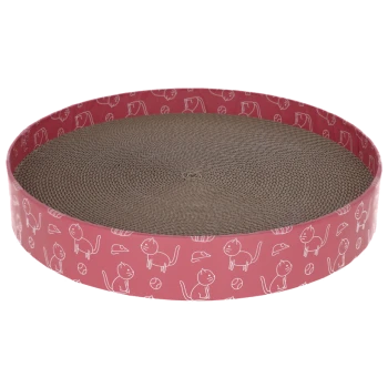 Runder Katzenkratzpad mit einer strukturierten Oberfläche, umgeben von einem rosa Rand mit verspielten Katzenillustrationen.
