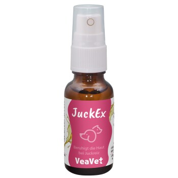 Braune Glas-Sprühflasche mit der Aufschrift "JuckEx" von veavet, mit dem Text "natürliche Pflegeprodukte für Haustiere" und "Gesundheit & Pflege."