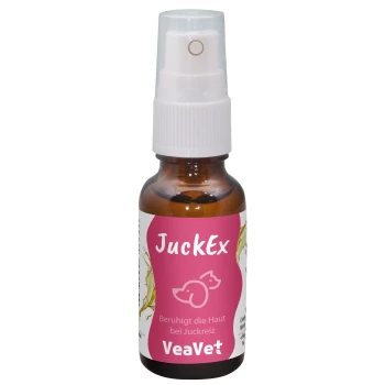 Braune Glas-Sprühflasche mit der Aufschrift "JuckEx" von veavet, mit dem Text "natürliche Pflegeprodukte für Haustiere" und "Gesundheit & Pflege."