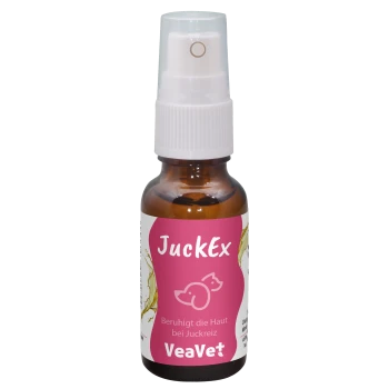 Braune Glas-Sprühflasche mit der Aufschrift "JuckEx" von veavet, mit dem Text "natürliche Pflegeprodukte für Haustiere" und "Gesundheit & Pflege."