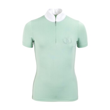 Hellgrünes Kurzarmhemd mit weißem Kragen und einem Reißverschluss vorne, mit einem subtilen Logo auf der Brust.