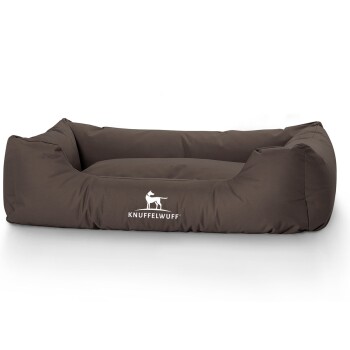 Braunes Hundebett mit erhöhten Rändern, das das Logo "KNUFFELWUFF" prominent auf der Vorderseite zeigt.