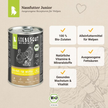 Liebesgut Dose Bio-Pute Nassfutter für Welpen, gekennzeichnet mit 'Nassfutter Junior', '100% Bio-Zutaten' und BIO-Siegel.