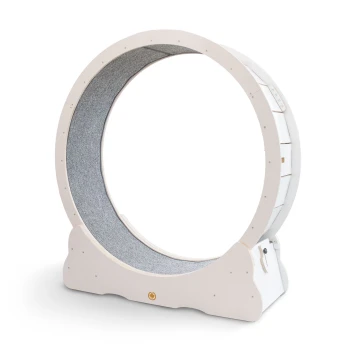 Ein modernes, kreisförmiges Katzenlaufband mit einem weichen grauen Innenraum und einer stabilen weißen Basis, entworfen für die Fitness von Haustieren in Innenräumen.