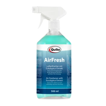 Quiko AirFresh Lufterfrischer Sprayflasche, 500 ml, mit Eukalyptus-Extrakt. Der Text hebt die Verbesserung der Luft für Haustierumgebungen hervor.