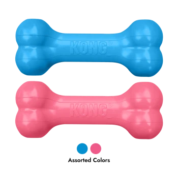 Jouets KONG en forme d'os bleus et roses, embossés «KONG», légende «Couleurs assorties» avec pastilles bleue et rose