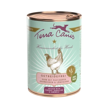 Dose "Terra Canis" Hundefutter mit einer Hühnerillustration, gekennzeichnet als getreidefrei, enthält Pastinake, Löwenzahn und Kamille.