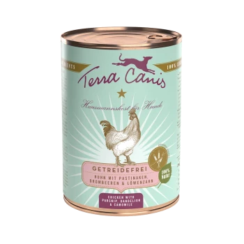 Dose "Terra Canis" Hundefutter mit einer Hühnerillustration, gekennzeichnet als getreidefrei, enthält Pastinake, Löwenzahn und Kamille.