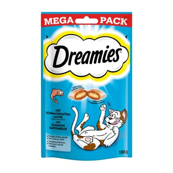 Verpackung von Dreamies Katzenleckerlis, mit einer verspielten Katzenillustration, mit Text, der den Lachs-Geschmack und die ernährungsphysiologischen Vorteile hervorhebt.