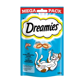 Verpackung von Dreamies Katzenleckerlis, mit einer verspielten Katzenillustration, mit Text, der den Lachs-Geschmack und die ernährungsphysiologischen Vorteile hervorhebt.