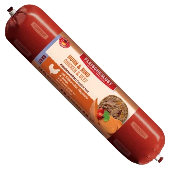 Fleischeslust Futterbox, Holzbox mit Aufschrift 'Natürlich & Artgerecht' und 'Huhn & Rind' (Chicken & Beef), rote Futterrolle.