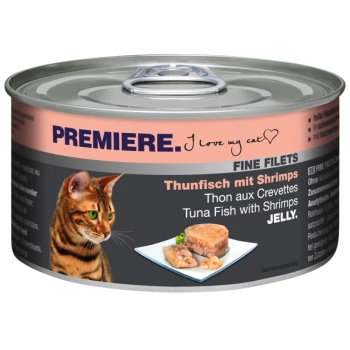 Dose Katzenfutter mit einer getigerten Katze, beschriftet mit "PREMIERE. Ich liebe meine Katze," mit "Thunfisch mit Garnelen in Gelee" deutlich angezeigt.