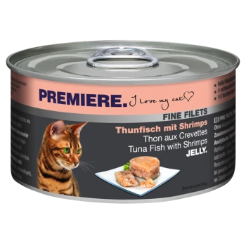 Cat food can featuring a tabby cat, labeled "PREMIERE. I love my cat," with "Tuna Fish with Shrimps in Jelly" prominently displayed.