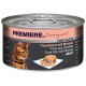 Boîte de nourriture pour chat avec un chat tigré, étiquetée "PREMIERE. J'aime mon chat," avec "Thon avec crevettes en gelée" affiché en évidence.