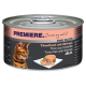 Boîte de nourriture pour chat avec un chat tigré, étiquetée "PREMIERE. J'aime mon chat," avec "Thon avec crevettes en gelée" affiché en évidence.