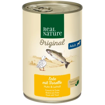 Dosen-Tierfutter "Real Nature Original" mit Enten- und Forellenillustration, beschriftet auf Deutsch und Französisch: "Ente mit Forelle."