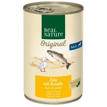 Dosen-Tierfutter "Real Nature Original" mit Enten- und Forellenillustration, beschriftet auf Deutsch und Französisch: "Ente mit Forelle."