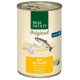 Canned pet food "Real Nature Original" with duck and trout illustration, labeled in German and French: "Ente mit Forelle."