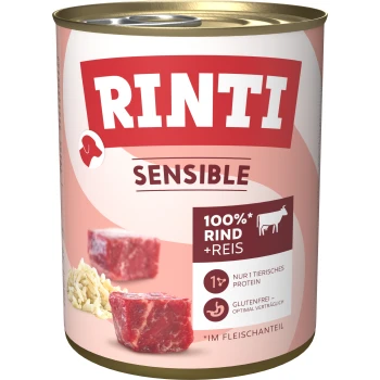 Rinti Sensible Hundefutterdose mit 100% Rindfleisch und Reis, die Rindfleischstücke und Reis zeigt, beschriftet glutenfrei und mit einer einzigen Tierproteinquelle.