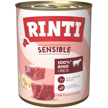 Rinti Sensible Hundefutterdose mit 100% Rindfleisch und Reis, die Rindfleischstücke und Reis zeigt, beschriftet glutenfrei und mit einer einzigen Tierproteinquelle.
