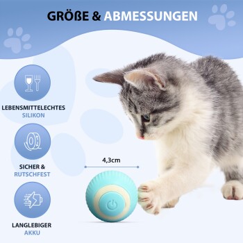 Ein verspieltes grau-weißes Kätzchen, das nach einem hellblauen Silikonball greift, der 4,3 cm misst, mit Text, der seine Sicherheits- und Haltbarkeitsmerkmale hervorhebt.
