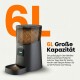 Grauer automatischer Haustierfutterspender mit transparentem 6L-Futterbehälter und Schale; sichtbarer Text "6L Große Kapazität".