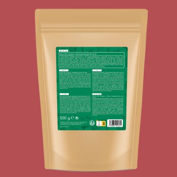 Die Tierfutterverpackung 'Wolfsbacher Natur' zeigt Häkchen für Qualität und einen Behälter mit roten Kreuzen für negative Eigenschaften.