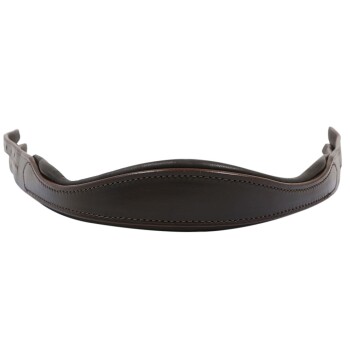 Braunes Leder-Hundehalsband mit geschwungenem Design und kontrastierenden Nähten, vor einem weißen Hintergrund präsentiert.