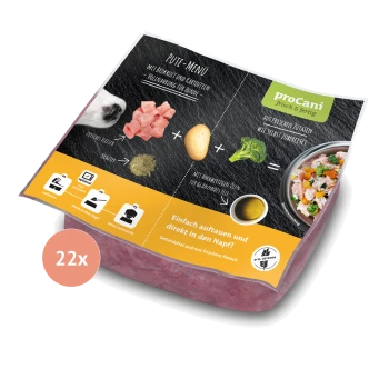 Pute-Menü Hundefutterpaket mit frischem Truthahn, Brokkoli, Kartoffeln und Öl, mit Anweisungen zum Auftauen und direkt servieren.