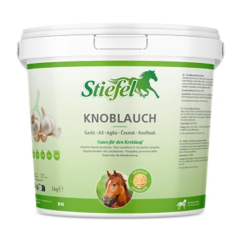 Behälter von Stiefel Knoblauch, 100% reine Knoblauchgranulate für Pferde, mit einem Pferdebilde und dem Text 'Gutes für den Kreislauf.'