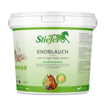 Behälter von Stiefel Knoblauch, 100% reine Knoblauchgranulate für Pferde, mit einem Pferdebilde und dem Text 'Gutes für den Kreislauf.'