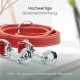 Eine Nahaufnahme einer roten Leder-Haustierleine mit glänzenden Chromverschlüssen, begleitet von Text, der die hochwertige Chrombeschichtung und das robuste Design hervorhebt.