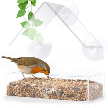 Rotkehlchen mit orangefarbener Brust frisst Samen aus einem klaren Fenstersaugnapf-Futterspender mit der Beschriftung wildlife home.
