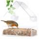 Rotkehlchen mit orangefarbener Brust frisst Samen aus einem klaren Fenstersaugnapf-Futterspender mit der Beschriftung wildlife home.