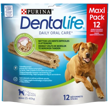 Purina Dentalife Daily Oral Care, Maxi Pack de 12 bâtonnets dentaires pour chiens (25-40kg), avec une texture flexible pour nettoyer les dents difficiles à atteindre.