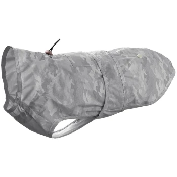 Grauer Camouflage-Hunderegenmantel mit Kapuze, verstellbaren Riemen und einer Tasche, entworfen zum Schutz von Haustieren gegen nasses Wetter.