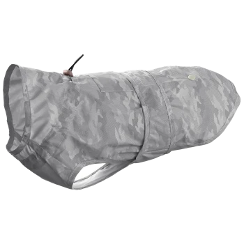 Grauer Camouflage-Hunderegenmantel mit Kapuze, verstellbaren Riemen und einer Tasche, entworfen zum Schutz von Haustieren gegen nasses Wetter.