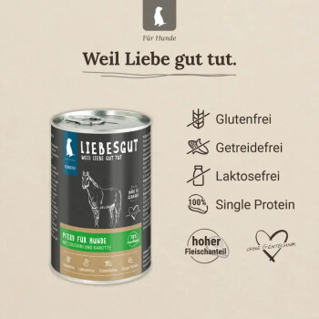 Liebesgut Hundefutterdose mit der Aufschrift 'Weil Liebe gut tut.' 'Pferd für Hunde', 70% Fleisch, glutenfrei, getreidefrei, laktosefrei.