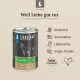Liebesgut Hundefutterdose mit der Aufschrift 'Weil Liebe gut tut.' 'Pferd für Hunde', 70% Fleisch, glutenfrei, getreidefrei, laktosefrei.