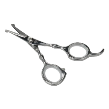 Nożyczki do pielęgnacji zwierząt ze stali nierdzewnej z zaokrąglonymi końcówkami i ergonomicznymi uchwytami, zaprojektowane do bezpiecznego i precyzyjnego przycinania.