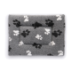 Gray pet bed with a soft fleece texture, featuring black and white paw print patterns.