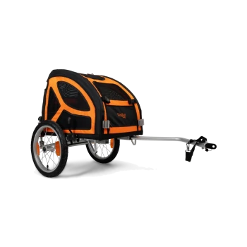 Ein Haustieranhänger in Schwarz und Orange, mit Netzfenstern, zwei Rädern und einer Anhängerkupplung zur Befestigung an einem Fahrrad.