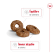 Trois friandises pour animaux en forme de beignet marron sur un fond blanc, avec un texte : "Équilibre de nutriments" et "Teneur adaptée en calories."