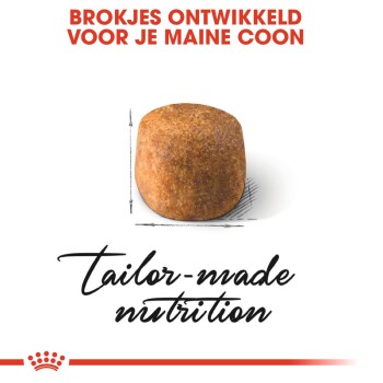 Een enkel stuk kattenvoer wordt getoond, met de tekst "Brokjes ontwikkeld voor je Maine Coon" en "tailor-made nutrition" eronder.