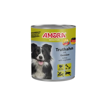 Dose AMORA Sensitive Hundefutter mit der Aufschrift 'Truthahn mit Gemüse', zeigt ein schwarz-weißes Hundeporträt und Produkticons.